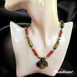 HANDMADE Serpentine Coral Heishi Peruvian Andean Cross Chakana Beaded Necklace
